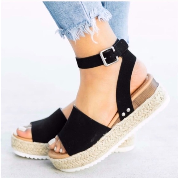 Soda Pop | Shoes | Nib Black Espadrille Flat Form Sandals | Poshmark